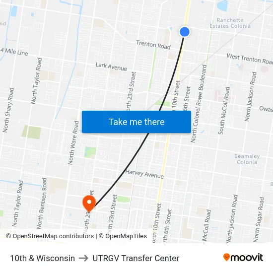 10th & Wisconsin to UTRGV Transfer Center map