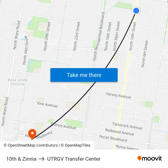 10th & Zinnia to UTRGV Transfer Center map