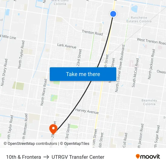 10th & Frontera to UTRGV Transfer Center map