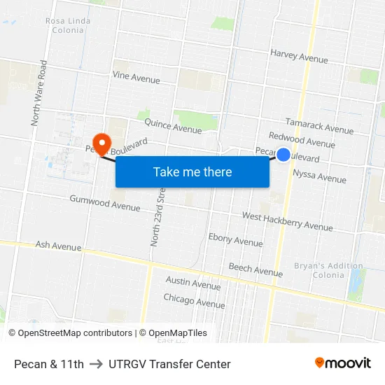Pecan & 11th to UTRGV Transfer Center map