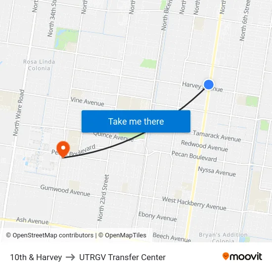 10th & Harvey to UTRGV Transfer Center map