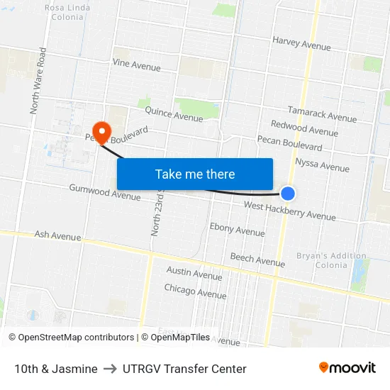 10th & Jasmine to UTRGV Transfer Center map