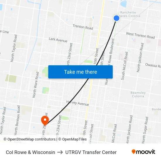 Col Rowe & Wisconsin to UTRGV Transfer Center map