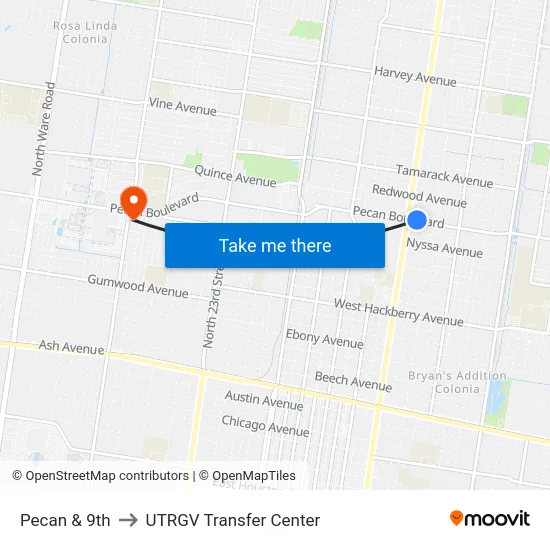 Pecan & 9th to UTRGV Transfer Center map