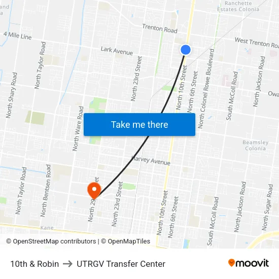 10th & Robin to UTRGV Transfer Center map