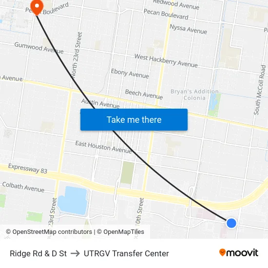 Ridge Rd & D St to UTRGV Transfer Center map