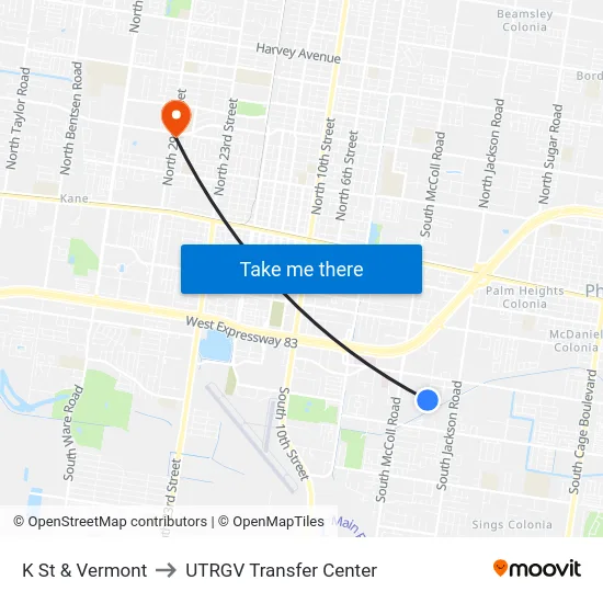 K St & Vermont to UTRGV Transfer Center map