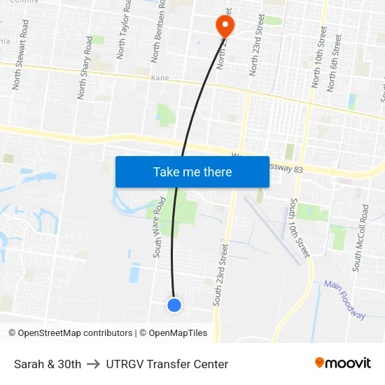 Sarah & 30th to UTRGV Transfer Center map