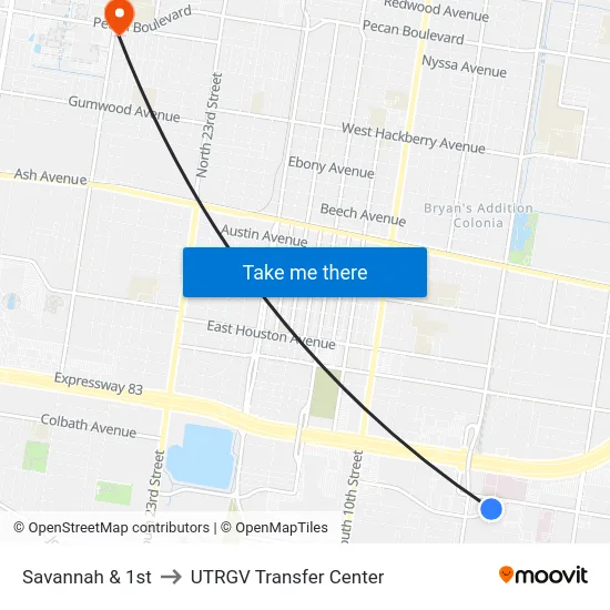Savannah & 1st to UTRGV Transfer Center map