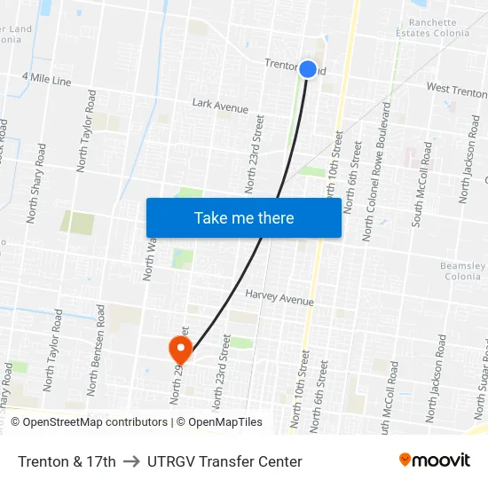 Trenton & 17th to UTRGV Transfer Center map