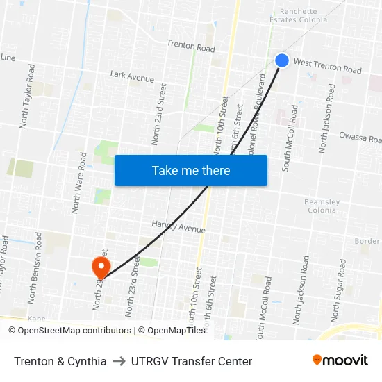 Trenton & Cynthia to UTRGV Transfer Center map