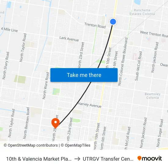 10th & Valencia Market Place to UTRGV Transfer Center map