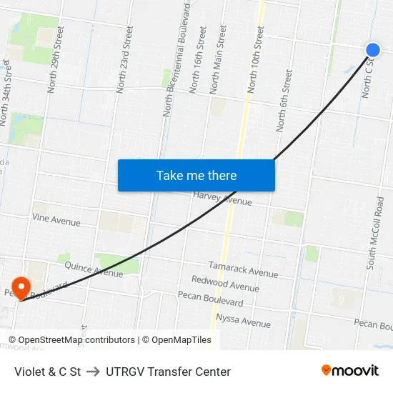 Violet & C St to UTRGV Transfer Center map