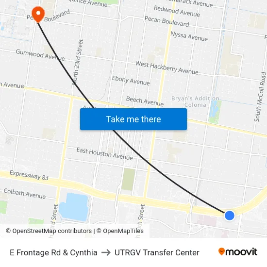 E Frontage Rd & Cynthia to UTRGV Transfer Center map