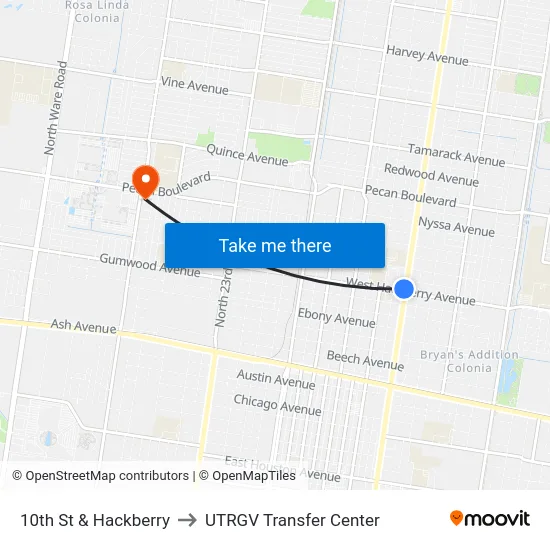10th St & Hackberry to UTRGV Transfer Center map