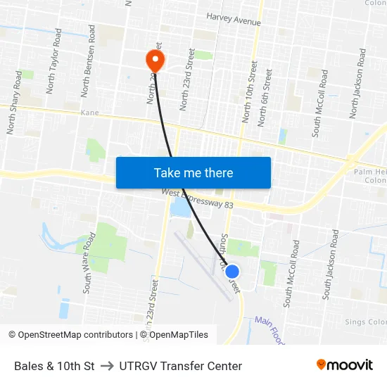Bales & 10th St to UTRGV Transfer Center map