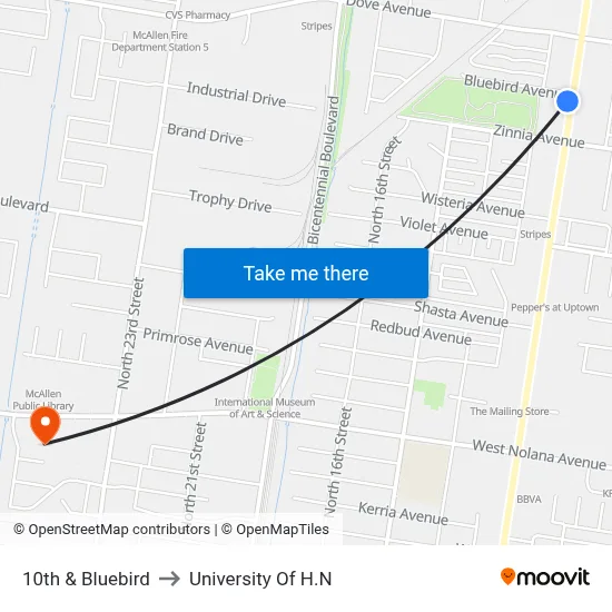 10th & Bluebird to University Of H.N map