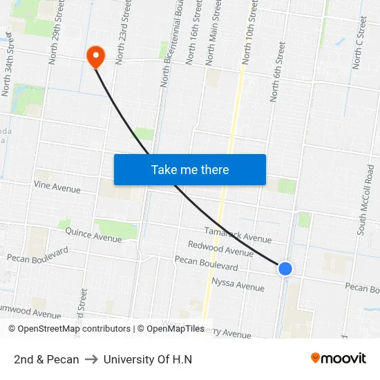 2nd & Pecan to University Of H.N map