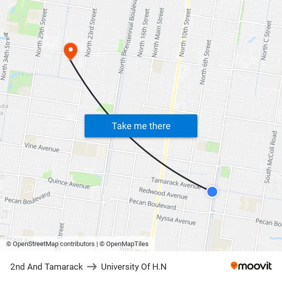 2nd And Tamarack to University Of H.N map