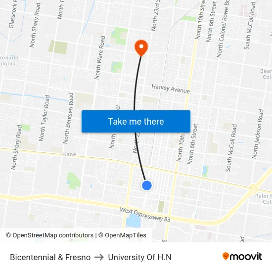 Bicentennial & Fresno to University Of H.N map