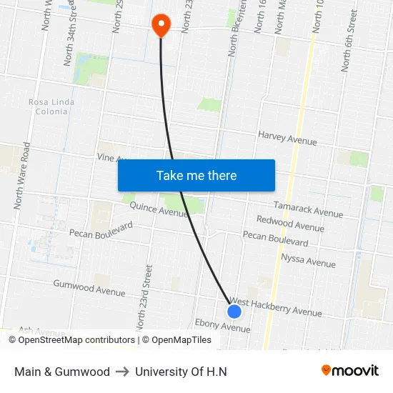 Main & Gumwood to University Of H.N map