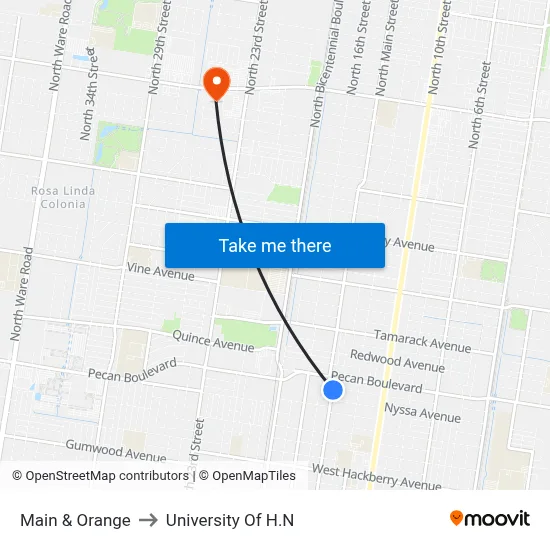 Main & Orange to University Of H.N map