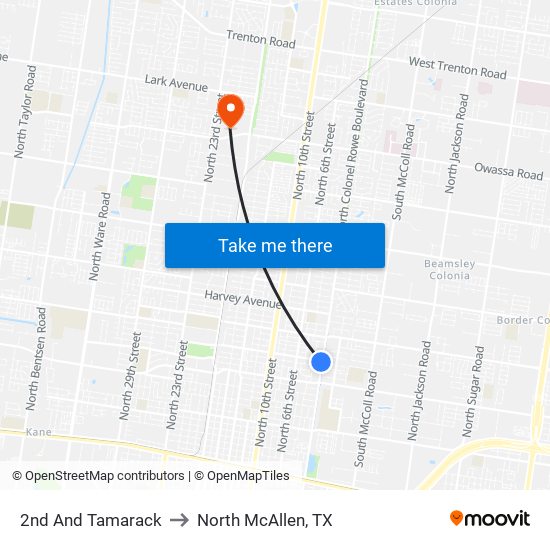 2nd And Tamarack to North McAllen, TX map