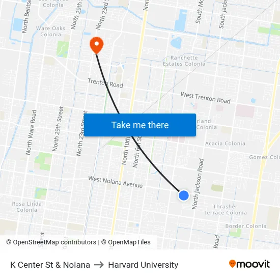 K Center St & Nolana to Harvard University map