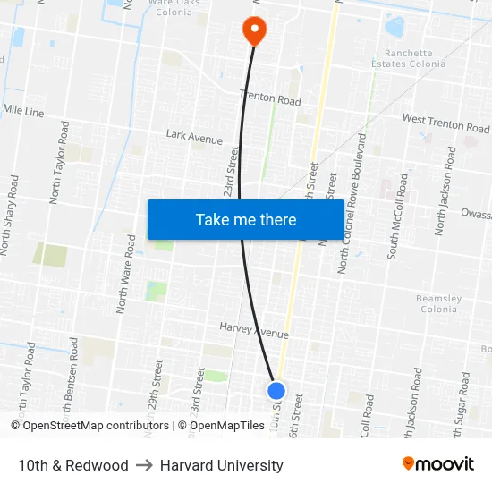 10th & Redwood to Harvard University map