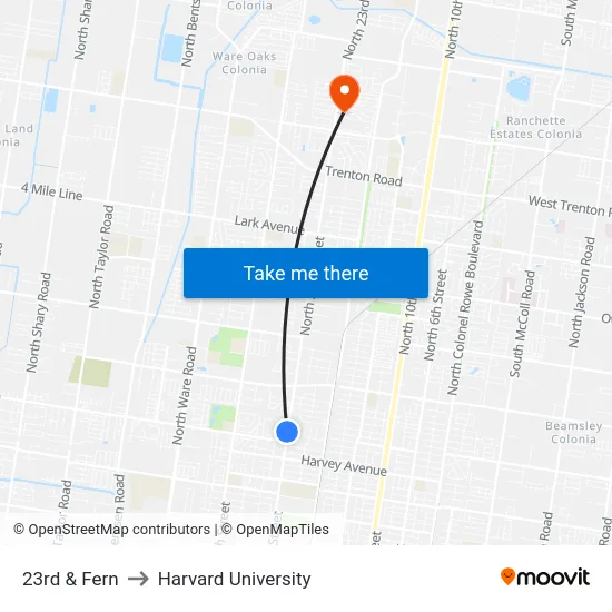 23rd & Fern to Harvard University map
