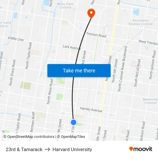 23rd & Tamarack to Harvard University map