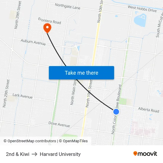 2nd & Kiwi to Harvard University map