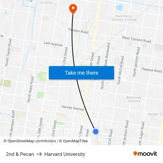 2nd & Pecan to Harvard University map