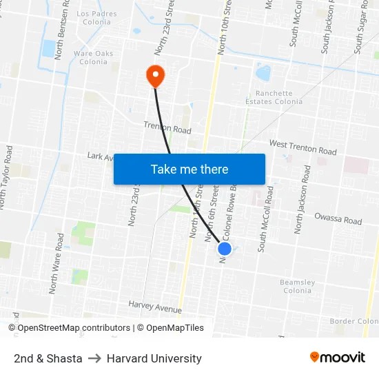 2nd & Shasta to Harvard University map