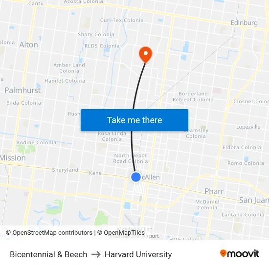 Bicentennial & Beech to Harvard University map