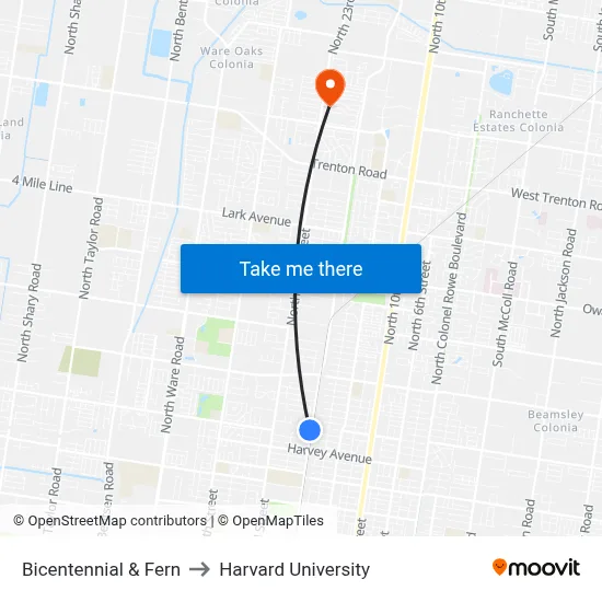 Bicentennial & Fern to Harvard University map