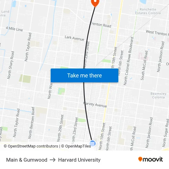 Main & Gumwood to Harvard University map