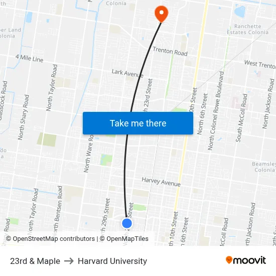 23rd & Maple to Harvard University map