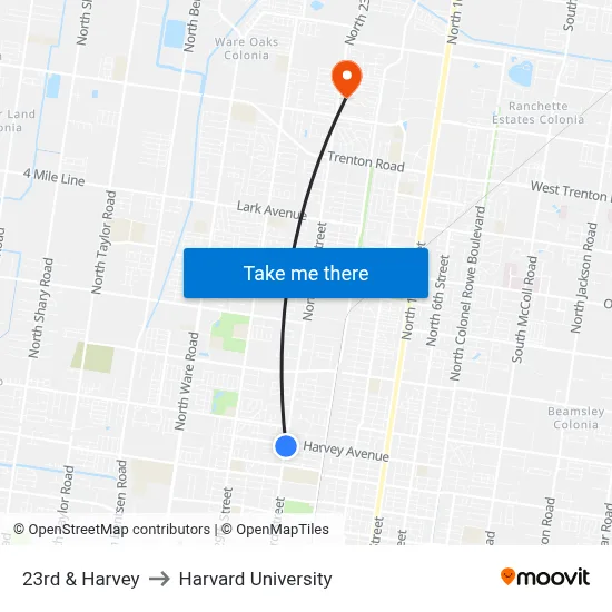 23rd & Harvey to Harvard University map