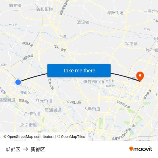 郫都区 to 新都区 map