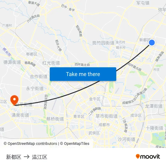 新都区 to 温江区 map