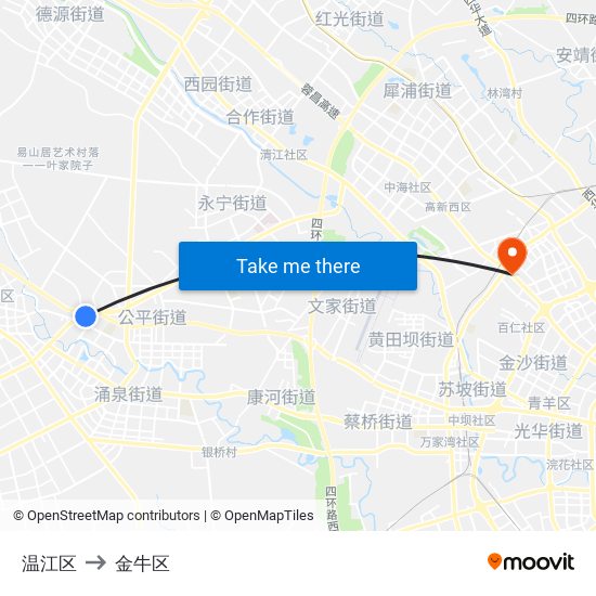 温江区 to 金牛区 map