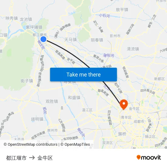 都江堰市 to 金牛区 map