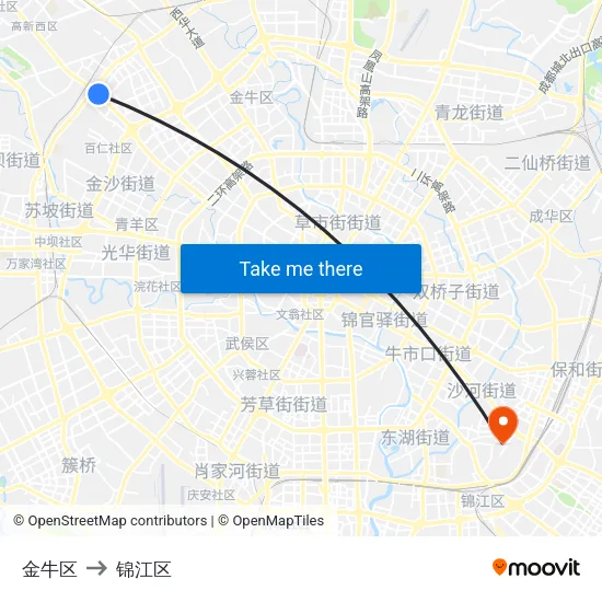 金牛区 to 锦江区 map