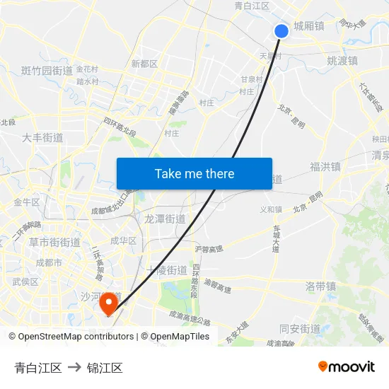 青白江区 to 锦江区 map