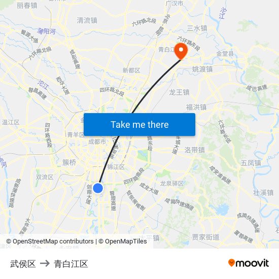 武侯区 to 青白江区 map