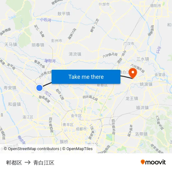 郫都区 to 青白江区 map