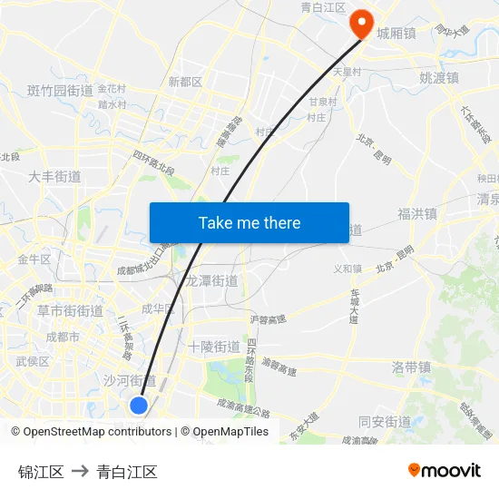 锦江区 to 青白江区 map