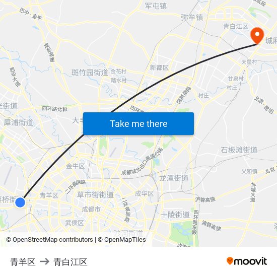青羊区 to 青白江区 map