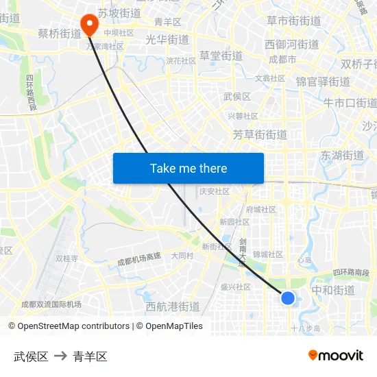 武侯区 to 青羊区 map